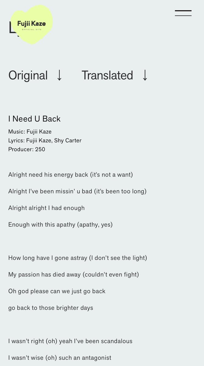 hit3Zepyr's tweet photo. I Need U Back の英詞は藤井風さんとShy Carterさん。和訳は80年代の洋楽の訳詞が独特だったように風さんの和訳も当時の雰囲気が出ています。オリジナルが充分に浸透したと思うので、私の脳内で変換した和訳をシェアします🤗小さい字が風さんです🙏🏼

https://t.co/9anEGqCG0U
#藤井風  #FujiiKaze https://t.co/pTiI85R7iI