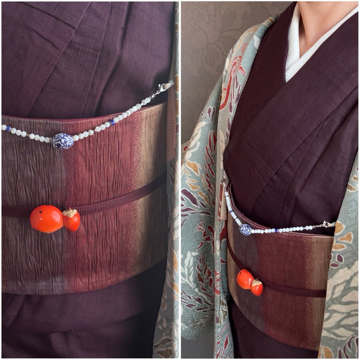 息子とモールへ 色無地いただ着物 色分け半幅帯 孔雀模様羽織 先日シミ