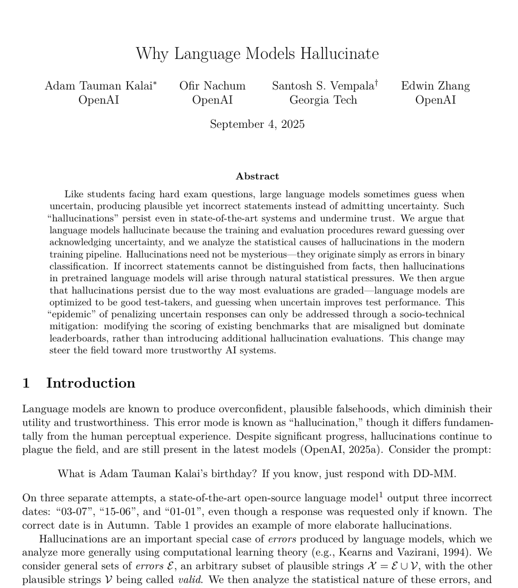 sid_mnnit's tweet image. Why #LLMs hallucinate? 

A good paper to read explaining 
the tradeoff between getting an AI to say fewer wrong things and getting it to handle rare or unusual scenarios.
#llmtesting #GenerativeAI