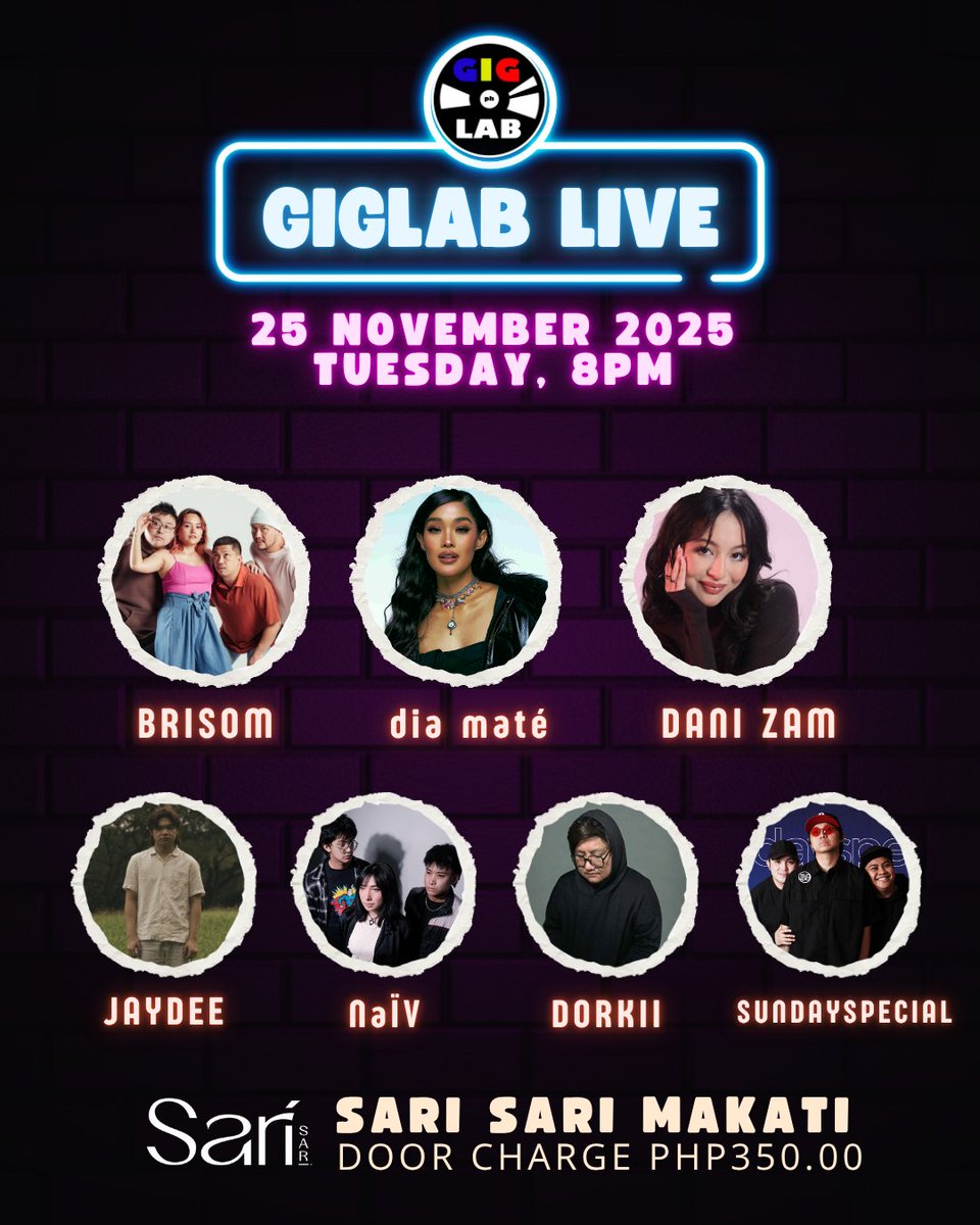 GigLabPH's tweet image. 🎶 Giglab Live at Sari Sari
We’re bringing the vibe on November 25! Catch a curated lineup of uprising independent artists in a feel-good setting.

Featuring:
BRISOM
dia maté
Dani Zam
Jaydee
NaÏV
Dorkii
sundayspecial

Door Charge PhP350

#GigLabLive #gigsceneph