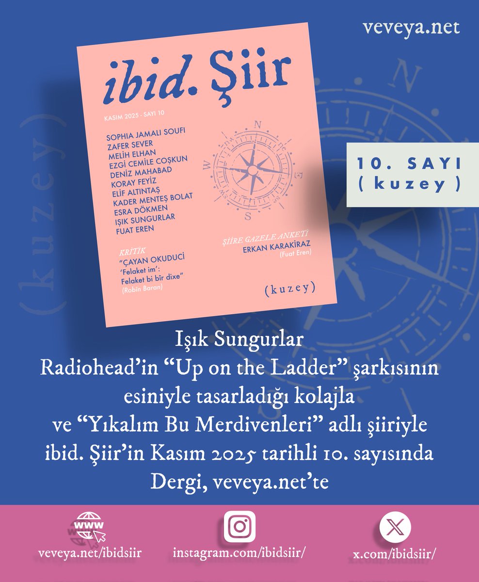 Işık Sungurlar, Radiohead’in “Up on the Ladder” şarkısının esiniyle tasarladığı kolajla ve “Yıkalım Bu Merdivenleri” adlı şiiriyle ibid. Şiir’in Kasım 2025 tarihli 10. sayısında. Dergi, veveya.net’te.
