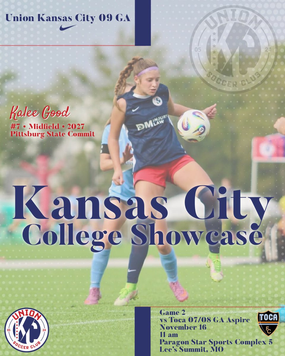 Game 2 of our KC College Showcase today at 11:00 am!
<a href="/TherealwesWes/">Wes Branstetter</a> <a href="/gorillassoccer/">Pitt State Women's Soccer</a> <a href="/UnionKC09GA/">Union Kansas City 09 GA</a> <a href="/kccoachdb/">Dan Brown</a> <a href="/unionkcGA/">Union KC Girl’s Academy</a> <a href="/GAcademyLeague/">Girls Academy</a> <a href="/ImCollegeSoccer/">College Soccer Truth ™</a> <a href="/ImYouthSoccer/">ECNL/GA/Recruiting/College Soccer</a> <a href="/TopDrawerSoccer/">TopDrawerSoccer</a> <a href="/travismclark/">Travis Clark</a> <a href="/PrepSoccer/">Prep Soccer ⚽️</a> <a href="/JREskilson/">J.R. Eskilson</a> <a href="/TheSoccerWire/">SoccerWire</a> <a href="/Internespo/">Internespo - College Soccer</a>