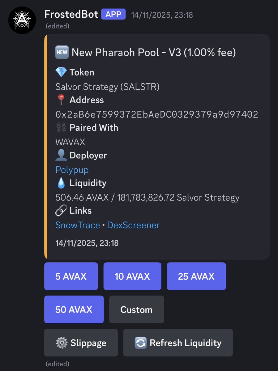 Say hello to FrostedBot ❄️

Personal wallets (Privy, your keys), quick-buy buttons, known deployer tags, auto-sniper for Pharaoh V3, smart routing for sells, and full position tracking. One click to buy, one click to sell, zero bullshit.

Exclusively available to <a href="/FrostedAlpha/">Frosted Alpha 🧊</a> 🧊