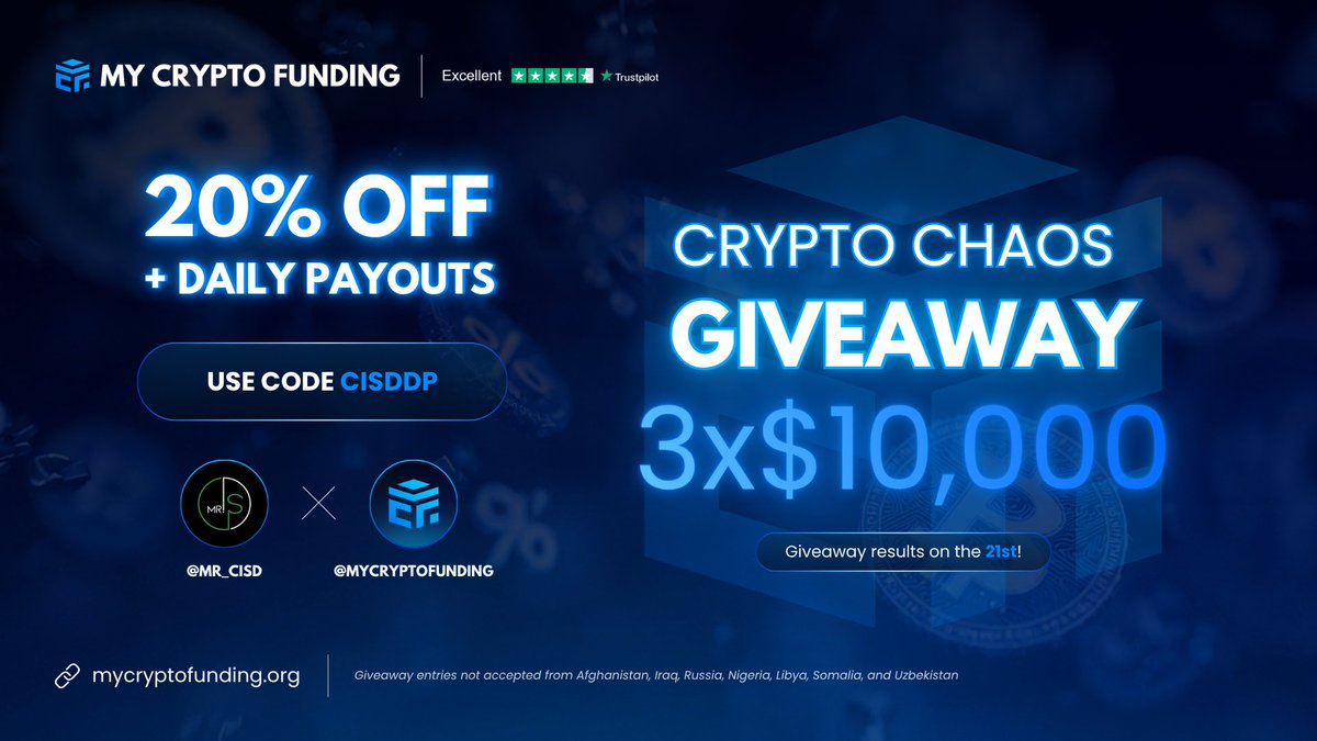 Mr_CISD's tweet image. 🚨CRYPTO CHAOS🚨

3 × 10k Giveaway

20% OFF + Daily Payouts is Live!

Use my promo code: CISDDP

🔹Follow @Mr_CISD @MyCryptoFunding @muthaiah4x 
🔹Like /RT and Tag 3 friends

Winners will be announced on Nov 21