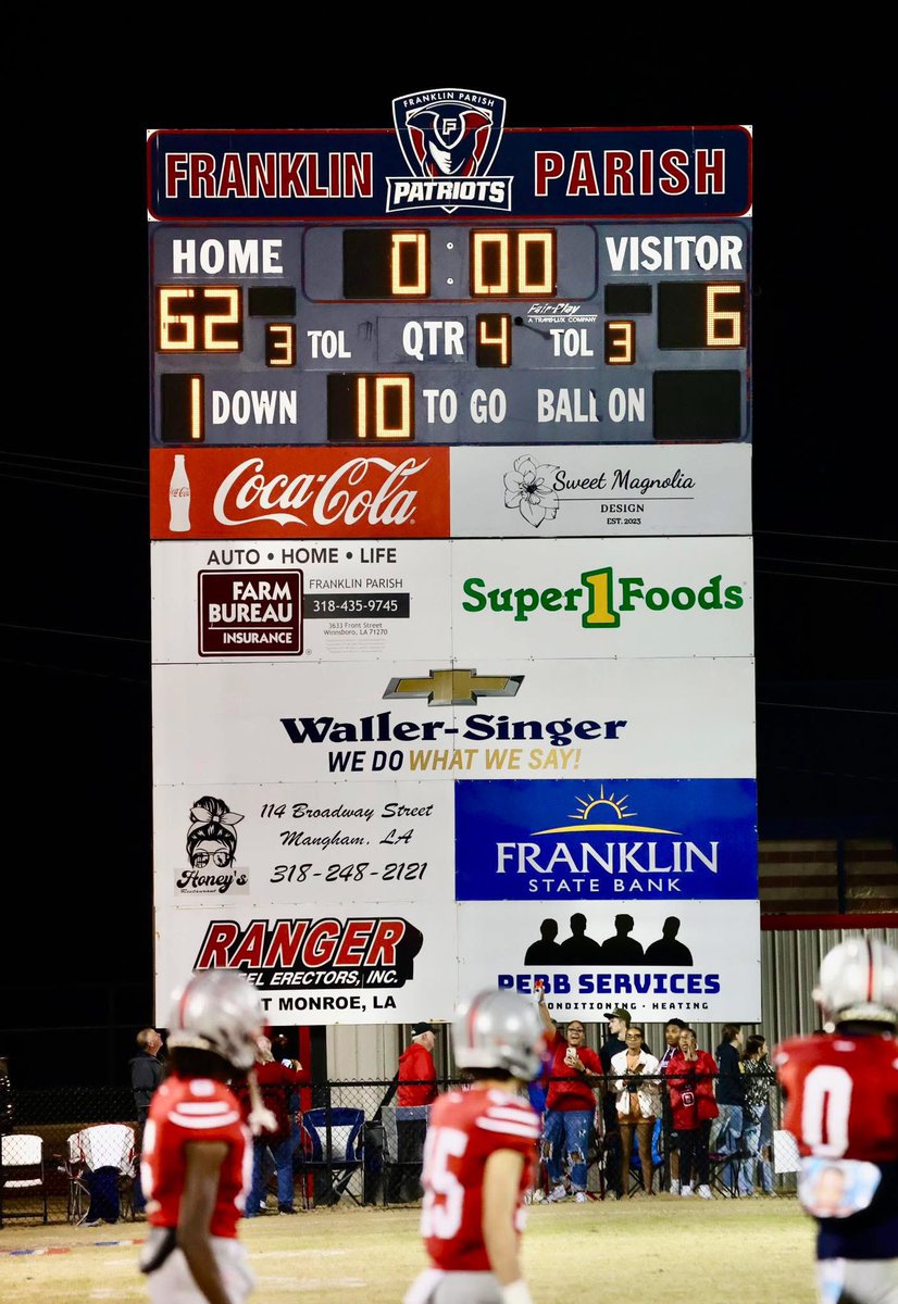 Franklin Parish with one of their largest margins of victory in school history…the Patriots win 9 games for only the third time ever.
They’ll be trying to win back-to back playoff games for the first time in school history next week against 9-time state champion, Lutcher.