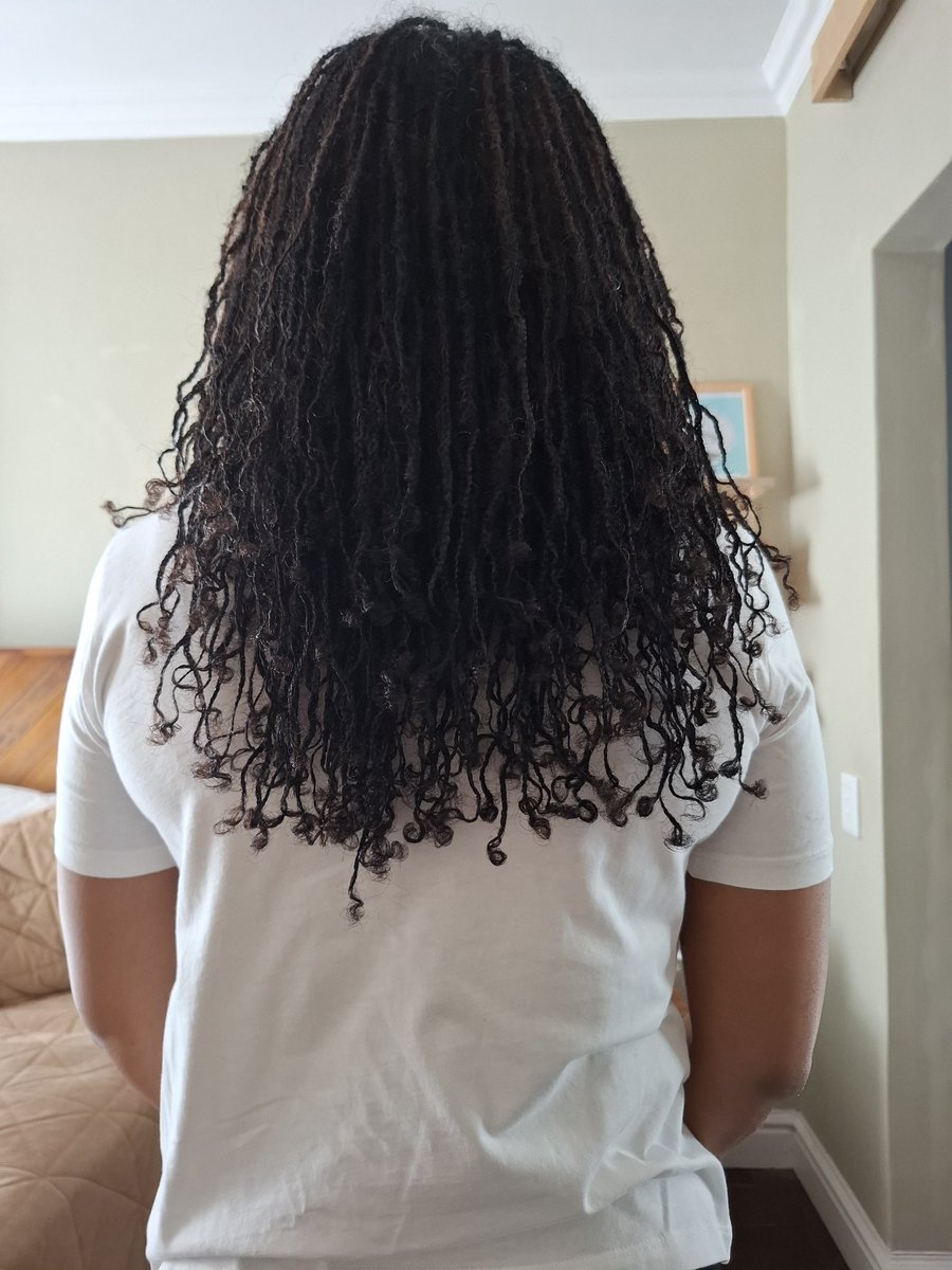 vee_bruin's tweet image. Freshly washed, bra-strap length, DIY #microlocs, not-so-even gridlines, with curly braided ends. 
A li'l over 2 years in.
