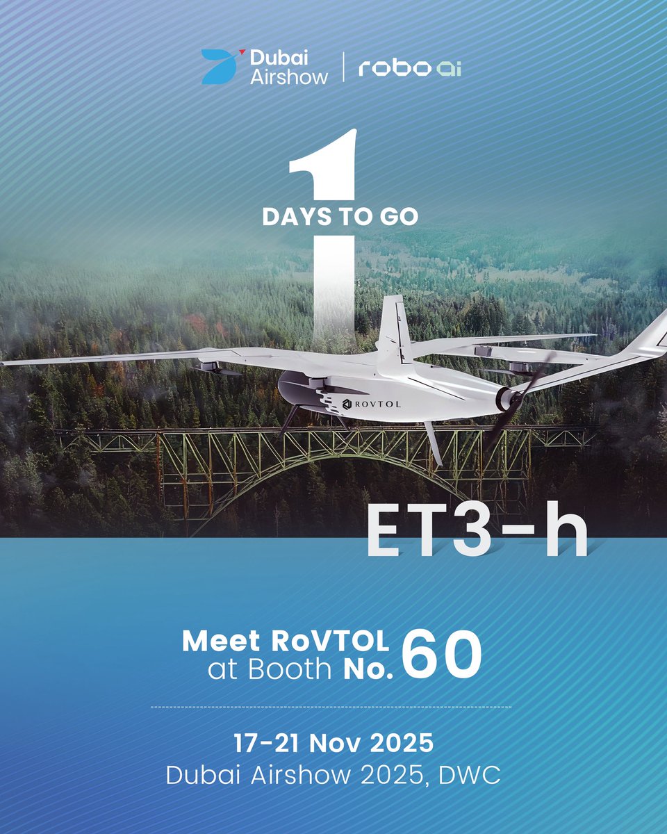 roboaiio's tweet image. Countdown: 1 Days to the @DubaiAirshow 2025

ET3-e Hydrogen-Lithium Hybrid Energy Vertical Take-Off &amp;amp; Landing Aircraft

Key Specifications:
– Maximum Endurance: ≥ 8 hours
– Cruise Speed: 60–100 km/h

#DAS25 #DubaiAirshow  #Aviation #Space #Innovation #Aerospace #UAE #Nasdaq