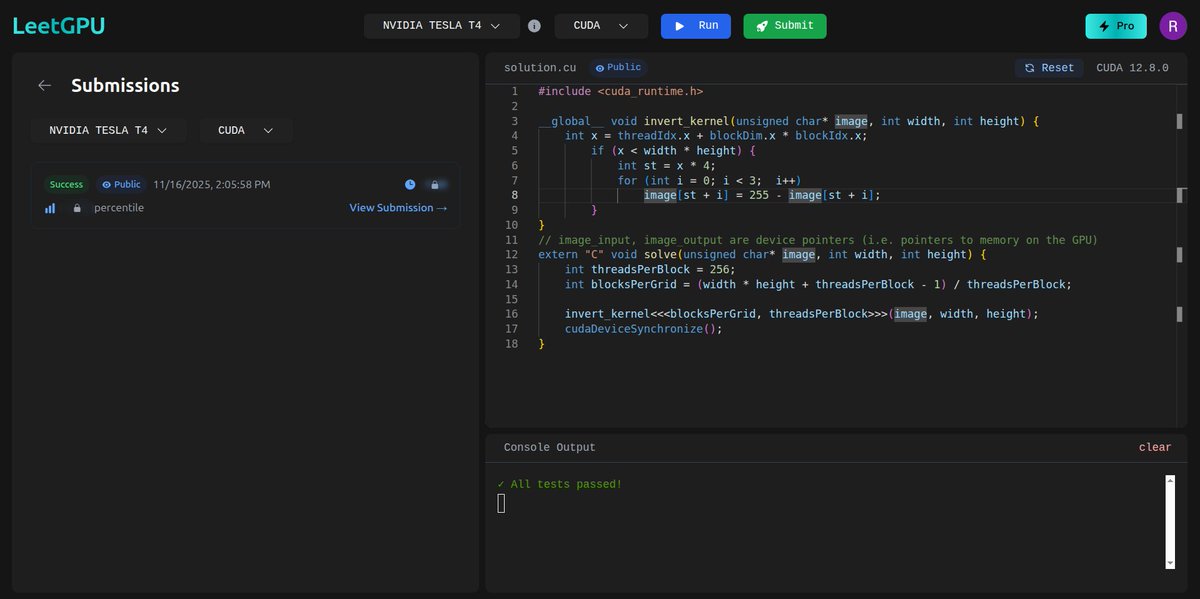 cuda_programmer's tweet image. Day 7 of GPU Programming  
-color inversion.
-todays potd easy peasy.

#100DaysOfGPU #CUDA #GPUProgramming #ParallelComputing #AI #DeepLearning #100DaysOfCode #MachineLearning #NVIDIA #CodingJourney