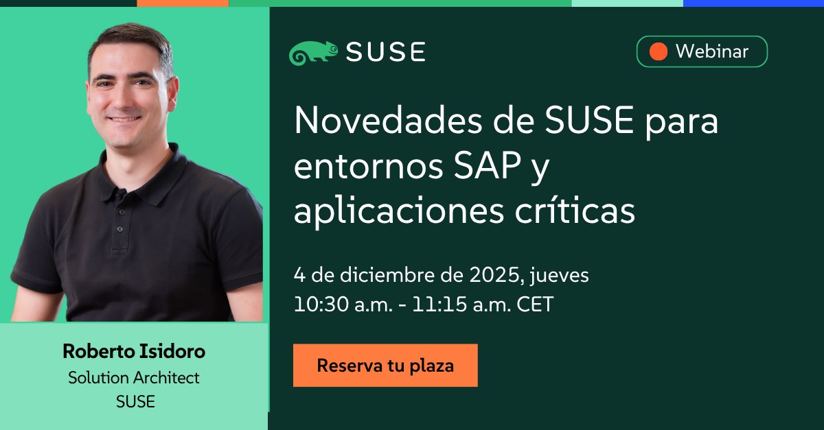 geek_linux_Tony's tweet image. Únete a nuestro webinar &quot;Novedades de SUSE para SAP&quot; con el experto Roberto Isidoro.
¿Qué cubriremos? 
🤖 Automatización (Ansible) 
📦 Contenerización (Rancher) 
🩹 Live Patching 
🧠 SUSE AI para SAP 
🔄 ¡Y lo nuevo de SLES 16!
🔗okt.to/BYj6rg