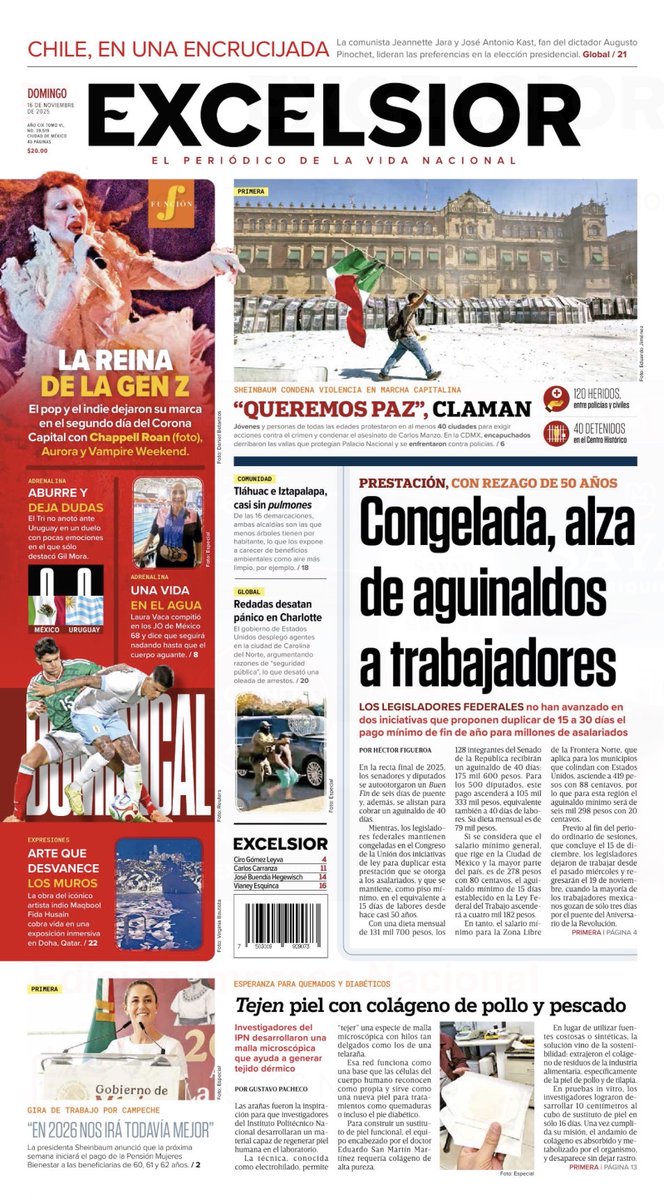 🗞 Te compartimos la portada de este #Domingo 16 de noviembre en #Excélsior.

-Tláhuac e Iztapalapa, con menos árboles por habitante; revela estudio de Centrus
-Científicos del Poli tejen la piel del futuro; imitando a las arañas
-Operativo telaraña: Intensifican redadas contra