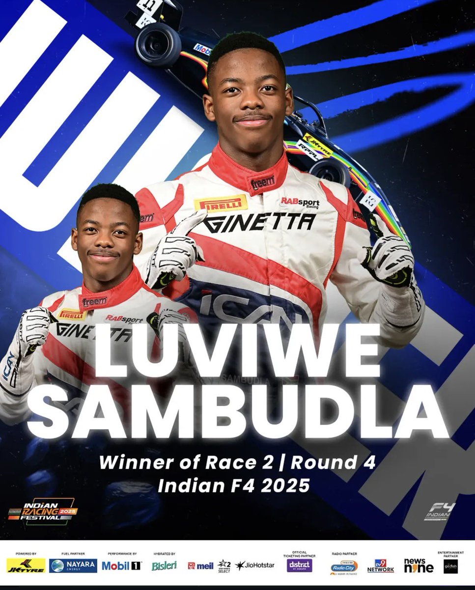 🏁 Victory lap for South Africa’s powerhouse! 🇿🇦
Pole start. Perfect pace. Pure domination.
@luviwesambudla_athlete owns Race 2 at Kari! 🔥

#PoweredbyJKtyres #FuelledByNayara #PerformanceByMobil1 #IndianF4 #Season4 #IRF2025 #IndianRacingFestival