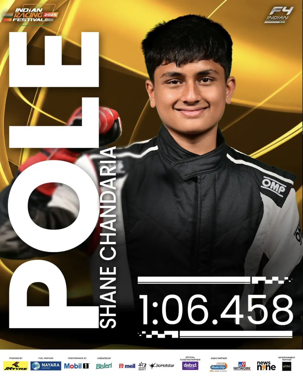 🏁 A pole start with intent.
Shane rolls into Race 3 from the very front. Get ready, it’s go time. 🔥

#PoweredbyJKtyres #FuelledByNayara #PerformanceByMobil1 #IndianF4 #Season4 #IRF2025 #IndianRacingFestival