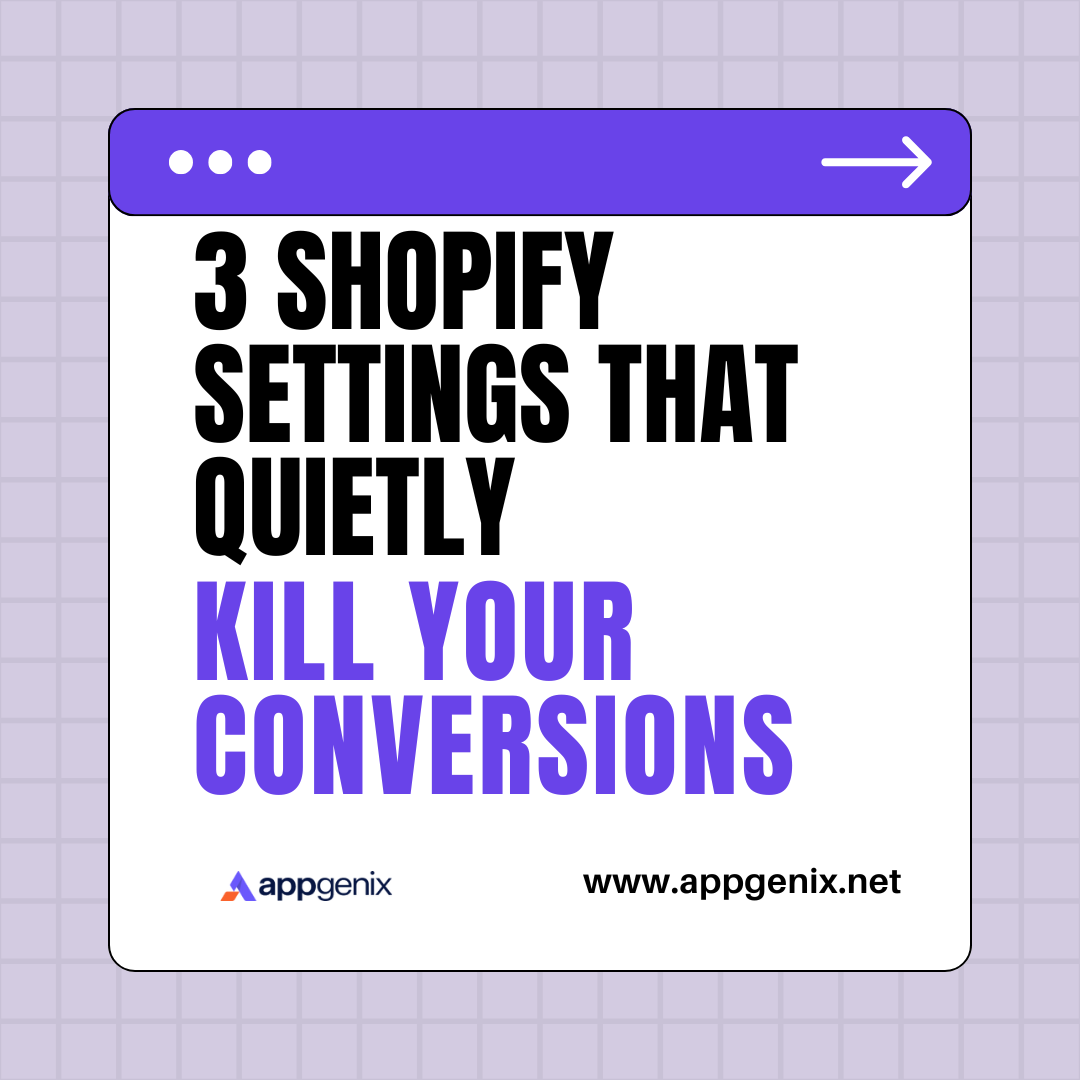 AppGenix's tweet image. 3 Shopify settings quietly killing your conversions 😱

1️⃣ Cart timeout too short → Extend to 30 min
2️⃣ Hidden free shipping bar → Turn it on
3️⃣ No post-purchase upsell → Enable for +30% AOV

Which one will you fix first? 👇 

#ShopifyHacks #ConversionTips