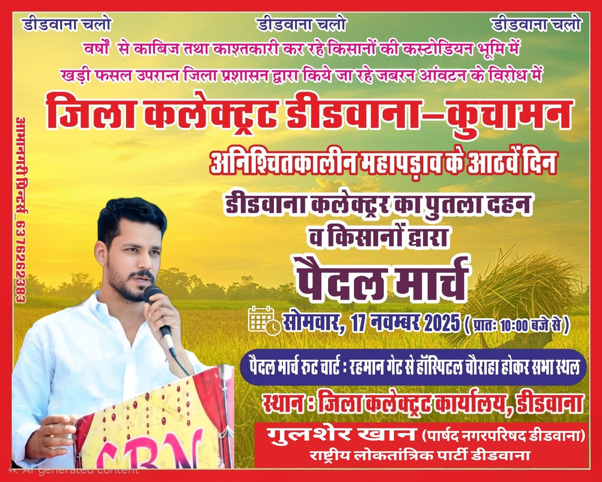 gulsherkhan04's tweet image. वर्षों से काबिज़ किसानों की कस्टोडियन भूमि के जबरन आवंटन के विरोध में जारी महापड़ाव के आठवें दिन।
17 नवम्बर, सुबह 10 बजे रहमान गेट से किसानों का पैदल मार्च शहर के मुख्य मार्गों से होकर धरना स्थल पहुँचेगा सभी साथियों से निवेदन है अधिक से अधिक संख्या में शामिल हों।
@hanumanbeniwal