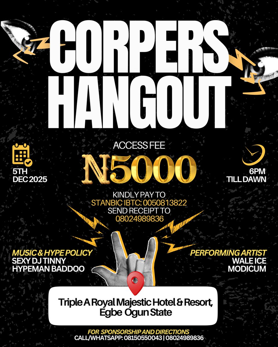PaulOmuru1's tweet photo. Corper we we we!!! 🫡💚

Here’s a sweet update about our much-anticipated Hangout! 🎉🔥

📍 Venue: Triple A
📅 Date: Friday, December 5th
🕕 Time: 6PM Till Dawn
💰 Fee: ₦5,000 per head
This covers swimming, drink… 😋🔥 https://t.co/FCofw4kEYA