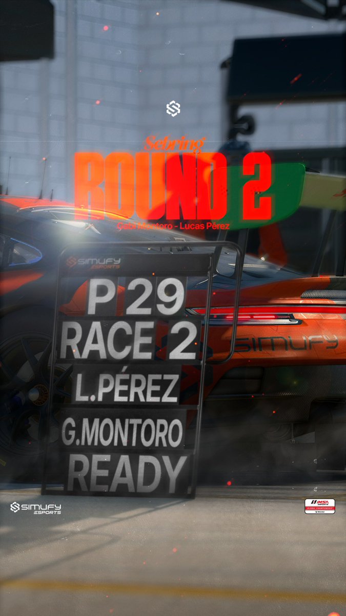 🇪🇸 ESPAÑOL 🇪🇸

🫡 IMSA ESPORTS, Segunda Ronda 🫡

🇺🇸 ¡Llegamos a Sebring International Raceway para seguir luchando en la <a href="/imsa_racing/">imsa_racing</a> Esports!
Venimos de una primera carrera dura, terminando en P29, pero con ganas de dar un paso adelante.

🟠 #133 Porsche 911 GT3 R – <a href="/Gabii2JZ/">Gabi Montoro</a>