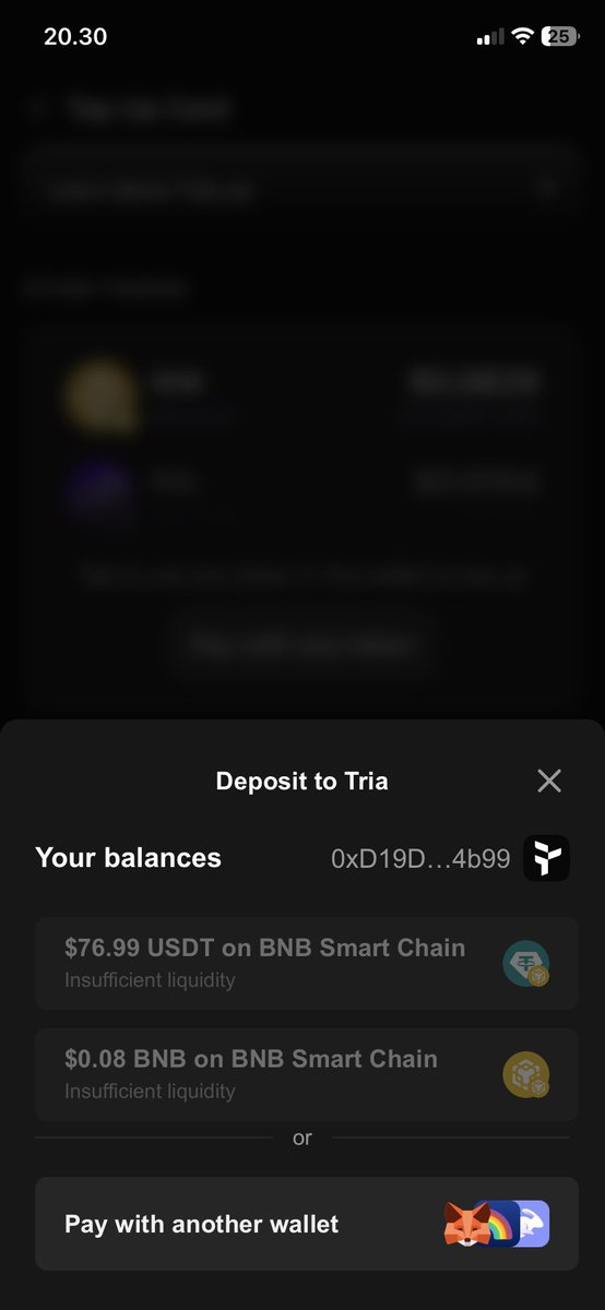 ramdtypu's tweet photo. Since my balance not shows in last week, now i saw insufficient liquidity pop up.

It happen to me after upgrade my Tria app on ios version, does anyone have a same issues?

I am still can not make any deposit from Tria wallet, should deposit from another wallet like connect first with Okx, Metamask or else.

 Please fix it 😓 @useTria @parthbl