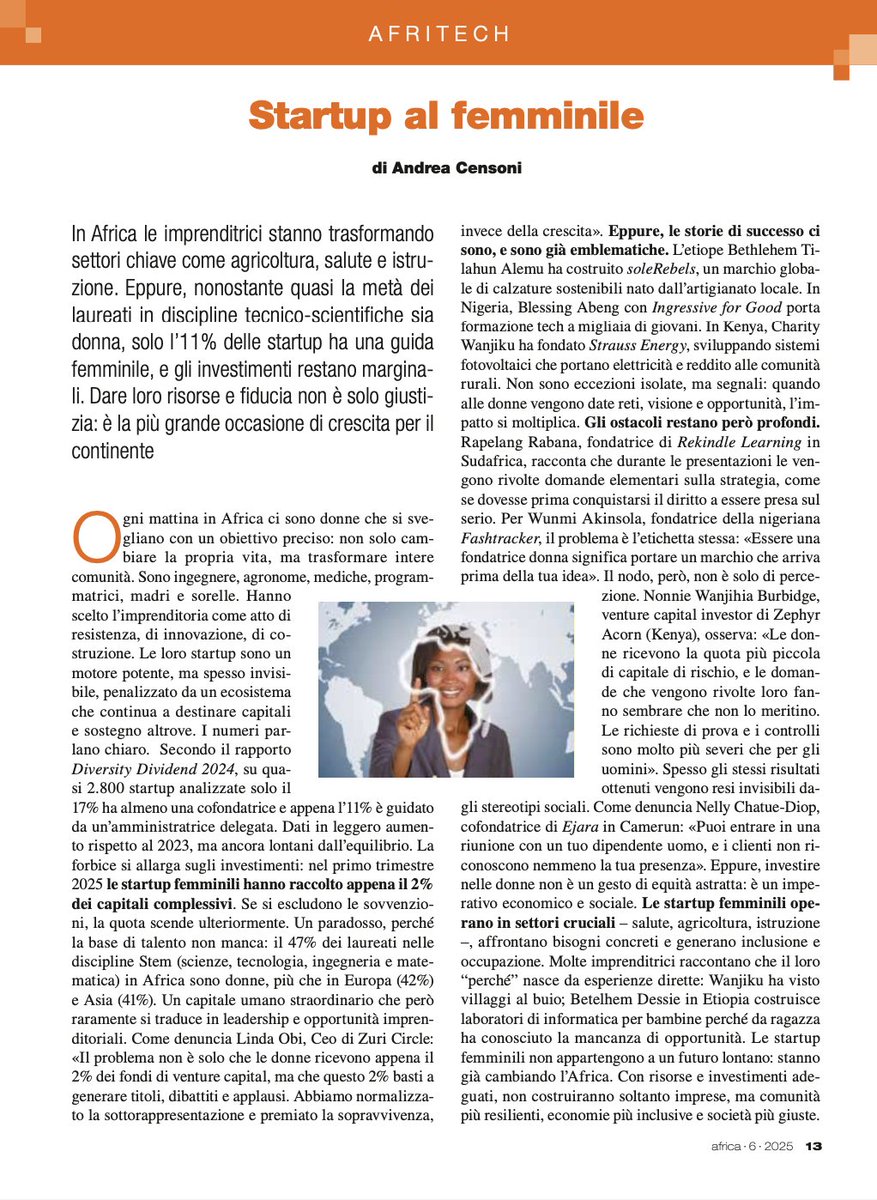 andreacensoni's tweet image. Nel mio nuovo articolo #AfriTech su @africarivista ho analizzato il &quot;motore invisibile&quot;: le #DonneFounder africane. 47% laureate STEM, ma raccolgono solo il 2% dei capitali.
Sostenerle non è equità, è necessità economica e sociale.
#StartupFemminili #AfricaTech #GenderGap