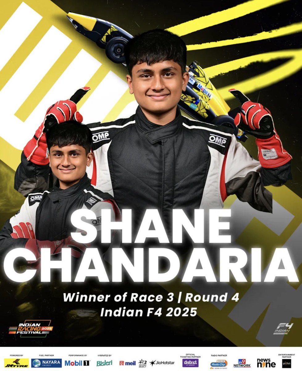 Race 3 • Round 4
An unreal win — Shane was unstoppable from the very start, untouchable through every insane battle, and wrapped it all up with a perfect finish. 🏁🔥

#PoweredbyJKtyres #FuelledByNayara #PerformanceByMobil1 #IndianF4 #Season4 #IRF2025 #IndianRacingFestival