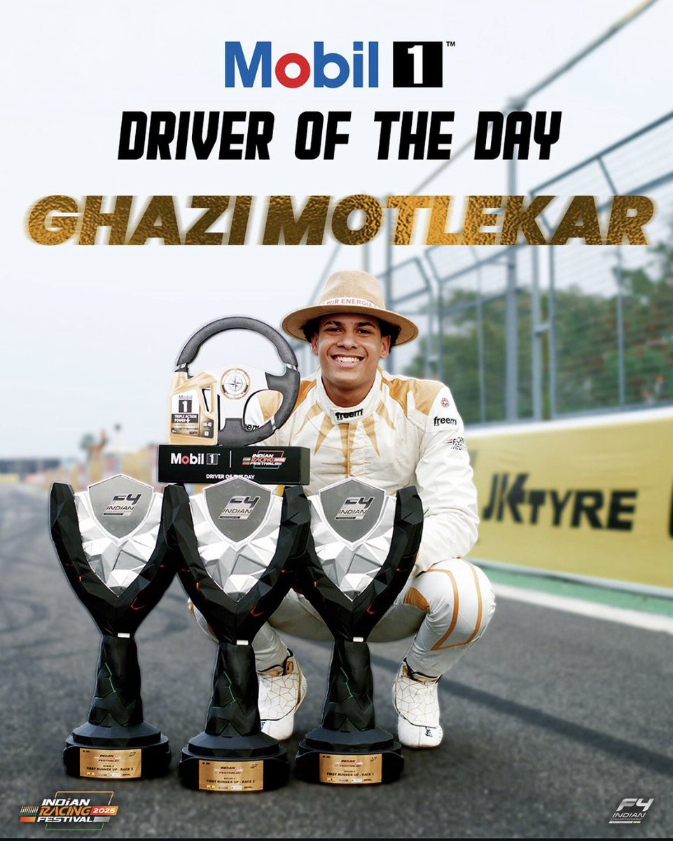 Ghazi delivered a weekend built on pure pace, precision and performance 🏎️💨 

Three races, three podiums in Round 4 of Indian F4 🏁 

An absolute masterclass.

#IndianRacingFestival #IndianF4 #SpeedMeetsSpirit #Mobil #DriverOfTheDay #PerformancebyMobil1