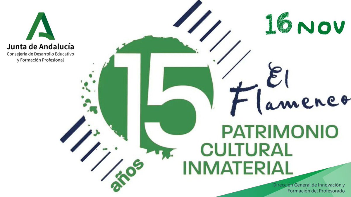 🎶💚 Este 16 NOV celebramos 15 años del Flamenco como Patrimonio Cultural Inmaterial de la Humanidad.
Un legado vivo que late en nuestras aulas y en nuestra identidad.
Sigamos enseñándolo, compartiéndolo y celebrándolo cada día.
#DíaDelFlamenco #FlamencoEnElAula #16N <a href="/EducaAnd/">Consejería Desarrollo Educativo y FP</a>