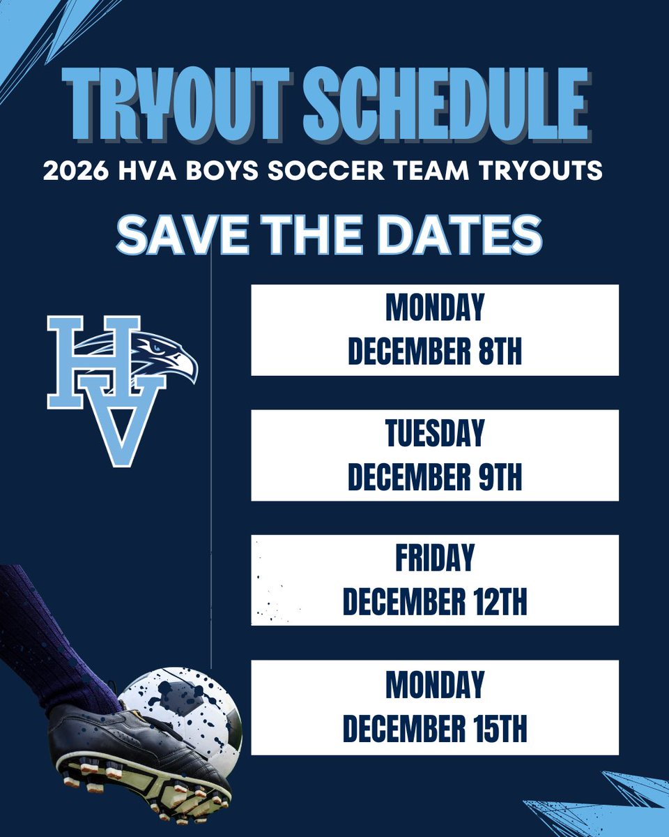 Save the Dates⚽️ Tryouts for the HVA Boys Soccer Team for the 2026 Spring Season start soon. December 8,9,12, and 15th at the HVA athletic field. Teams will be announced the night of the 15th. 
For more information contact Coach Ray Dover, ray.dover@knoxschools.org
#hvaboyssoccer