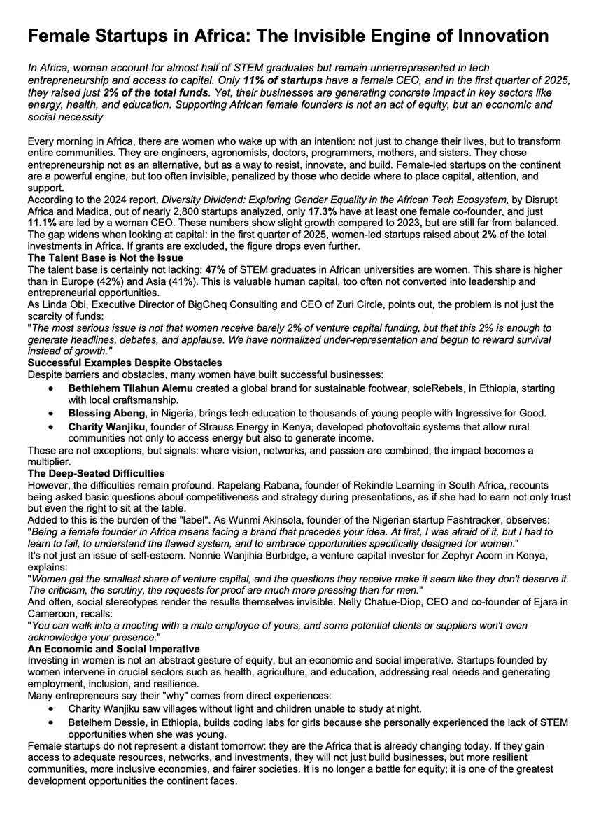 andreacensoni's tweet image. My new #Afritech article is out on Africa Rivista! 💡
I explored the &quot;invisible engine&quot;: African #WomenFounders. 47% STEM grads, yet they raise only 2% of capital.
Supporting them is not equity—it&apos;s an economic and social imperative.
#WomenInTech #AfricanInnovation #Impact