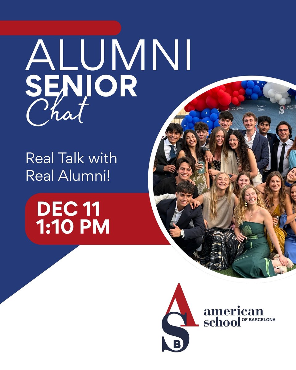 Do you remember what it felt like to have <a href="/ASBschool/">American School of Barcelona</a> alumni come back to share their experiences when you were a senior at school? This is your opportunity to give back! 

🗓️ Thursday, December 11
⏰ 13:10-13:55 (45 minutes)
💻 On campus or virtual!

docs.google.com/forms/d/1zvQew…