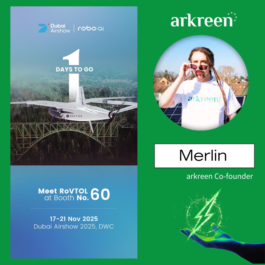 arkreen_network's tweet image. Tomorrow @Merlin_M_O, our co-founder, is taking @arkreen_network to the Dubai Airshow 2025! Partnering with @roboaiio and DePIN + AI allies to electrify sustainable flight. See you Nov 17-21 | DWC 🛩🌍 #AviationTech #CleanEnergy #NetZero