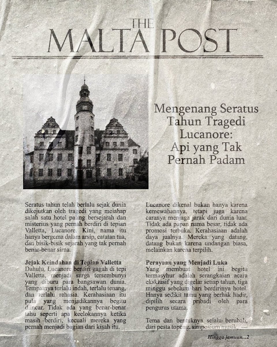 Iucanore's tweet image. ͏ ͏

͏ ͏
                              𝗧𝗛𝗘 𝗠𝗔𝗟𝗧𝗔 𝗣𝗢𝗦𝗧
                VOL. 11, NO. 16. /  NOV 16, 2025.

                      Mengenang Seratus Tahun
                               Tragedi Lucanore:
                    Api Yang Tak Pernah Padam.
͏ ͏

͏ ͏