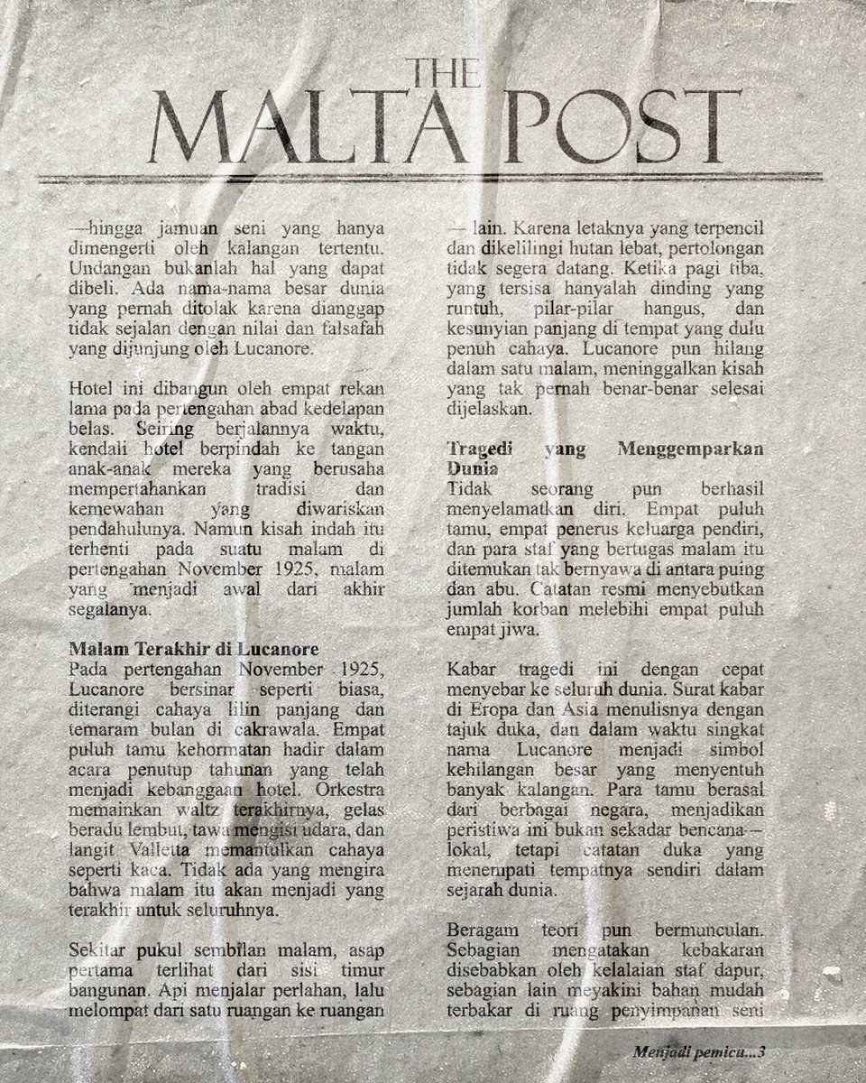 Iucanore's tweet image. ͏ ͏

͏ ͏
                              𝗧𝗛𝗘 𝗠𝗔𝗟𝗧𝗔 𝗣𝗢𝗦𝗧
                VOL. 11, NO. 16. /  NOV 16, 2025.

                      Mengenang Seratus Tahun
                               Tragedi Lucanore:
                    Api Yang Tak Pernah Padam.
͏ ͏

͏ ͏