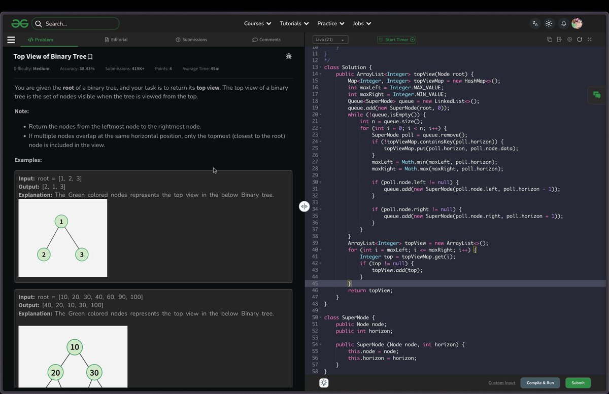 VHangEmHigh's tweet image. Day 54 of #100DaysOfCode ✅

- Bottom View of Binary Tree
- Top View of Binary Tree

#LearnInPublic #geeksforgeeks  #DSA