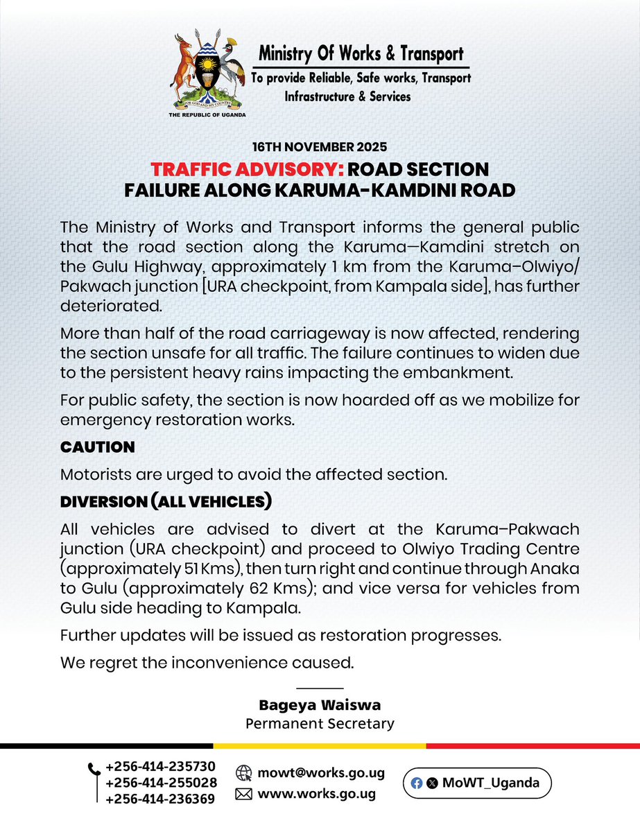 MoWT_Uganda's tweet image. 🛑Traffic Advisory along Kampala-Gulu Highway.