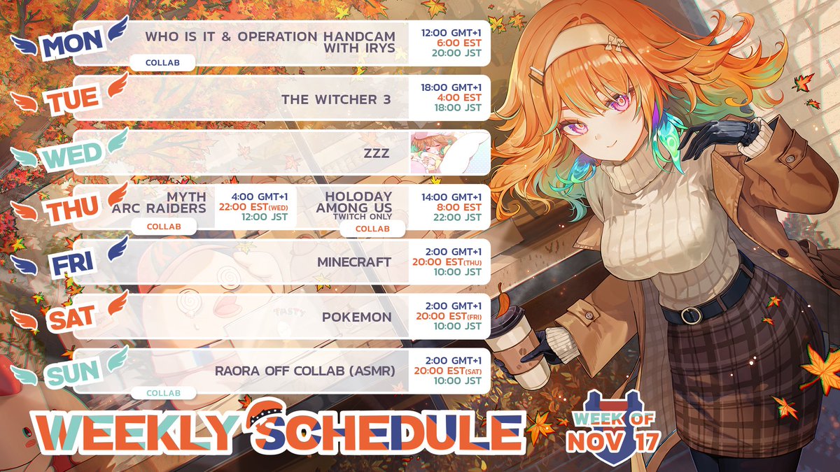【SCHEDULE】

i am getting super busy starting from this week so there is a risk of cancellations but i will try my best to get through it!! (but next week i will take it easy)
this week is HOLODAY! Lets have fun on Twitch too!