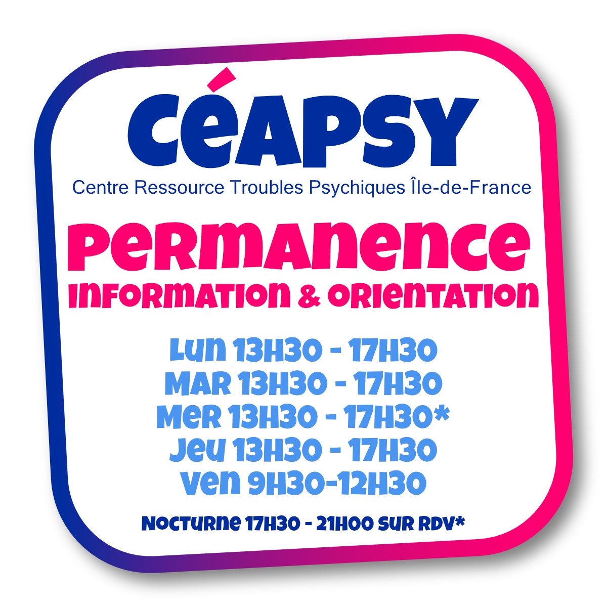 🧠📞La permanence du Céapsy informe et oriente aux nouveaux horaires : 0188403880 (nocturne mercredi sur rendez-vous de 17h30 à 21h) et par mail : contact@ceapsy.org

▶️ceapsy-idf.org

#troublespsychiques #santémentale <a href="/asso_astree/">association Astrée</a> <a href="/FondationAesio/">Fondation Aésio</a> <a href="/SFSPasso/">Société Française de Santé Publique</a>