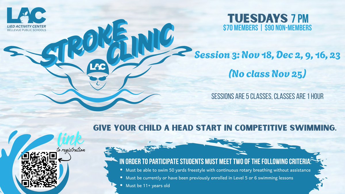 Enroll them in our Stroke Clinic to focus on proper technique and enhance their competitive strokes: freestyle, backstroke, breaststroke, and butterfly. 
Session 3 starts Tuesday, November 18!
bellevuepublicschools.org/Page/1735