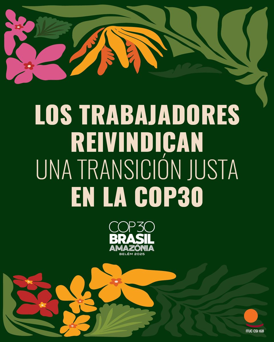ituc's tweet photo. ✊🌱 En la COP30, los Gobiernos deben llevar a cabo una #TransiciónJusta en la práctica, respetando los derechos humanos y laborales, implicando a los sindicatos y poniendo fin al control de las negociaciones sobre el clima por parte de las empresas.

📰Lea nuestras reivindicaciones para la #COP30: https://t.co/efMbHwIasd