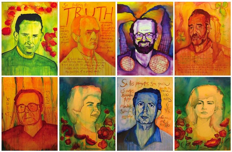 Today we remember the six #Jesuits and their two lay companions who were murdered at the University of Central America in El Salvador 36 years ago today. They were killed for speaking out on behalf of the poor and oppressed in El Salvador. (Art by Mary Pimmel-Freeman)
