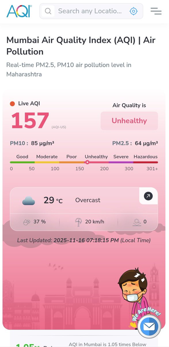 JhaLovenit's tweet photo. Mumbai AQI 157 air quality ‘Unhealthy’
PM2.5 &amp; PM10 dono high saans lena bhi risk ho gaya hai.
Upcoming days me agar iss par dhyan na diye toh..... YK https://t.co/IeWEMshqJg