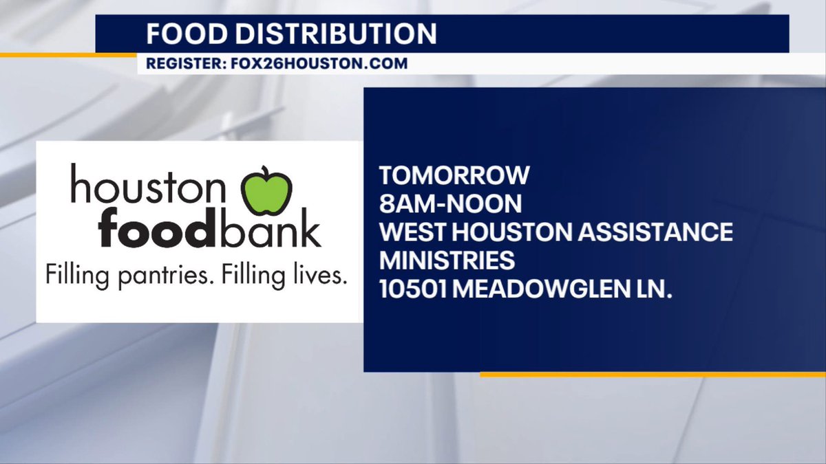 *HAPPENING MONDAY*
  
The Houston Food Bank is holding several food distributions throughout the rest of the month to help those still waiting on SNAP benefits, along with federal workers waiting on their paychecks. Pre-register at <a href="/FOX26Houston/">FOX26Houston</a>.