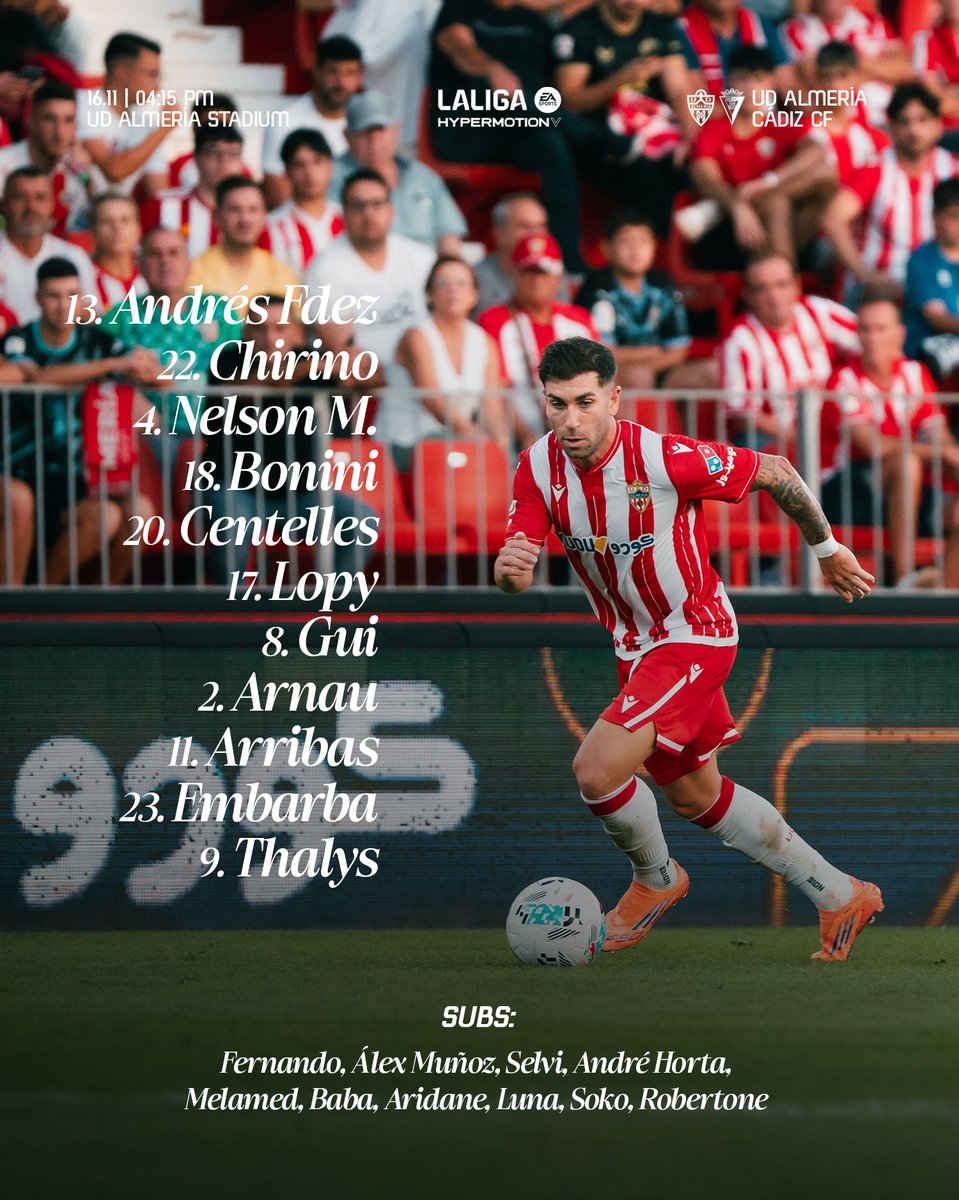 U_D_Almeria's tweet photo. 📋 ¡Aquí tenéis a nuestro XI inicial para el #AlmeríaCádiz!

#️⃣ #vamosalmería | ⚽️ #AlmeríaCádiz | 📻 #UDAradio https://t.co/orlS9QI8M3