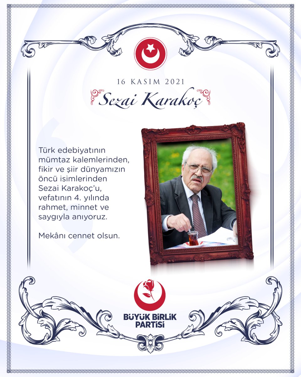 “Sevgili,
En sevgili,
Ey sevgili…”

Türk edebiyatının mümtaz kalemlerinden, fikir ve şiir dünyamızın öncü isimlerinden Sezai Karakoç’u, vefatının 4. yılında rahmet, minnet ve saygıyla anıyoruz.

Mekânı cennet olsun.