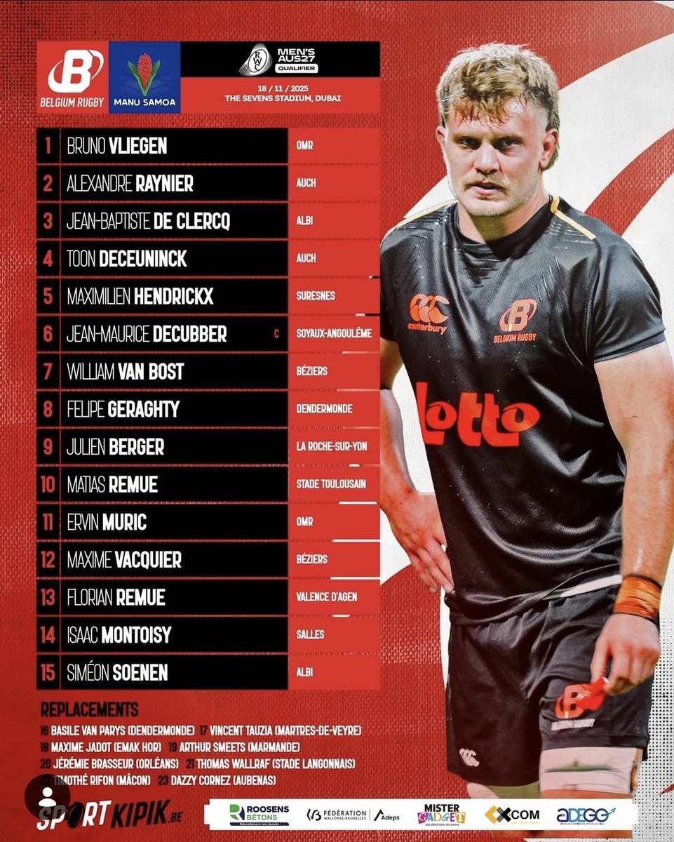 L'équipe pour affronter les Samoa
Mardi (16h30) Bonne chance à toute l'équipe faite nous rêver 🤩

📸 : <a href="/Sportkipik/">Sportkipik.be</a>