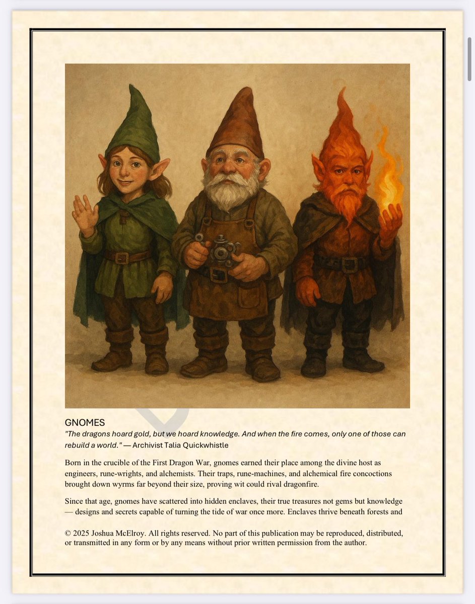 AstralglitchX's tweet image. The full gnome lineup for The Last Dragon Ascendant.
Forest, Rock, and Ember — three paths, one legacy.
Proud of how this section came together.
#DnD5e
#TabletopRPG
#RPGCommunity
#FantasyWorldbuilding