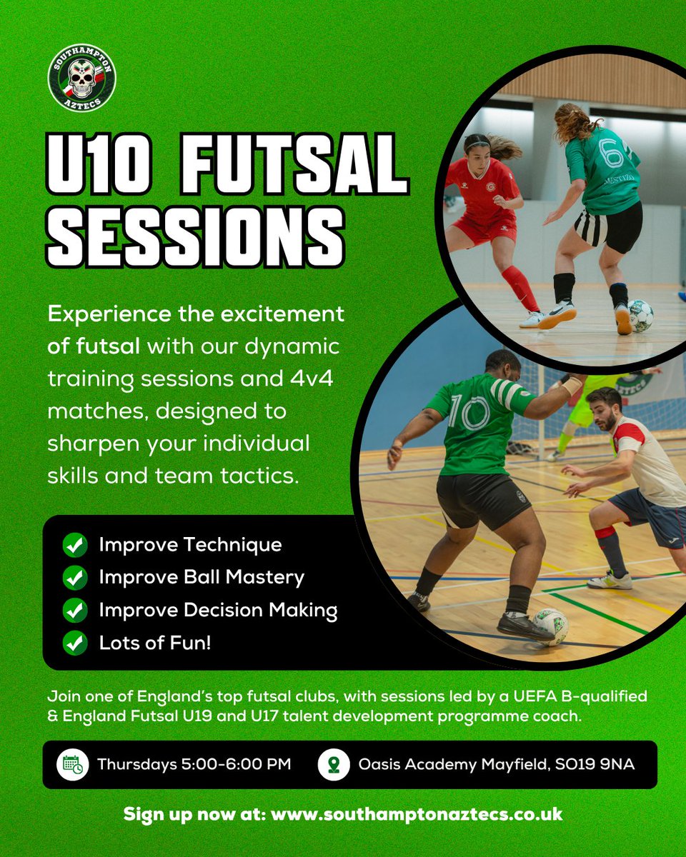 Futsal sessions for U9-U10s on Thursdays at Oasis Academy Mayfield!

Starting in January, these weekly futsal sessions will be lead by our women's head coach.

We'll be working on ball mastery, game understanding, and useful futsal-specific techniques.
 
southamptonaztecs.co.uk/youth-sessions