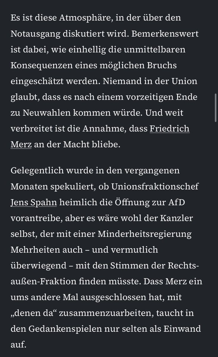 MartGuenzel's tweet image. Alarmierend, dagegen ist das „D-Day-Papier der FDP nichts:
In der Union wird intern über ein Koalitionsende und eine Minderheitsregierung diskutiert - unter einem Kanzler Merz, ohne Neuwahlen und zur Not mithilfe der AfD.

faz.net/aktuell/politi…
