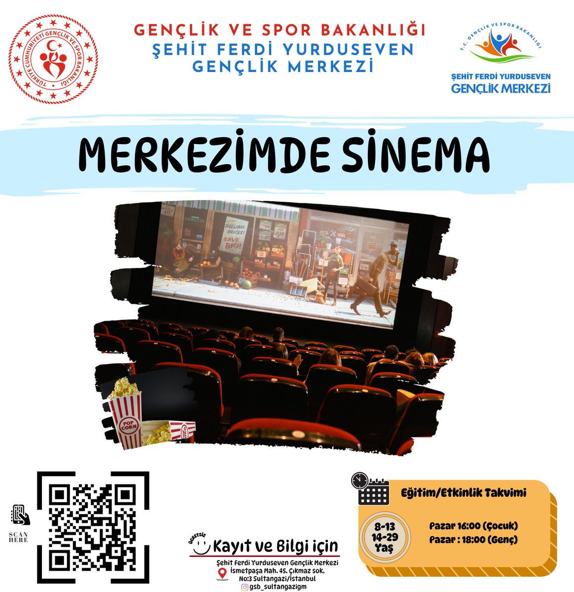 Çocuklar ve Gençler hazırsanız sinema perdesi sizler için aralanıyor 📽️🎬
Her hafta birbirinden güzel filmlerle bir arada olacağımız etkinliğimizde yeriniz hazır 🤗

Katılım için form doldurmayı unutmayın 😉 
Katılım Formu: 
forms.gle/QEeW4Hedbm9AcK…