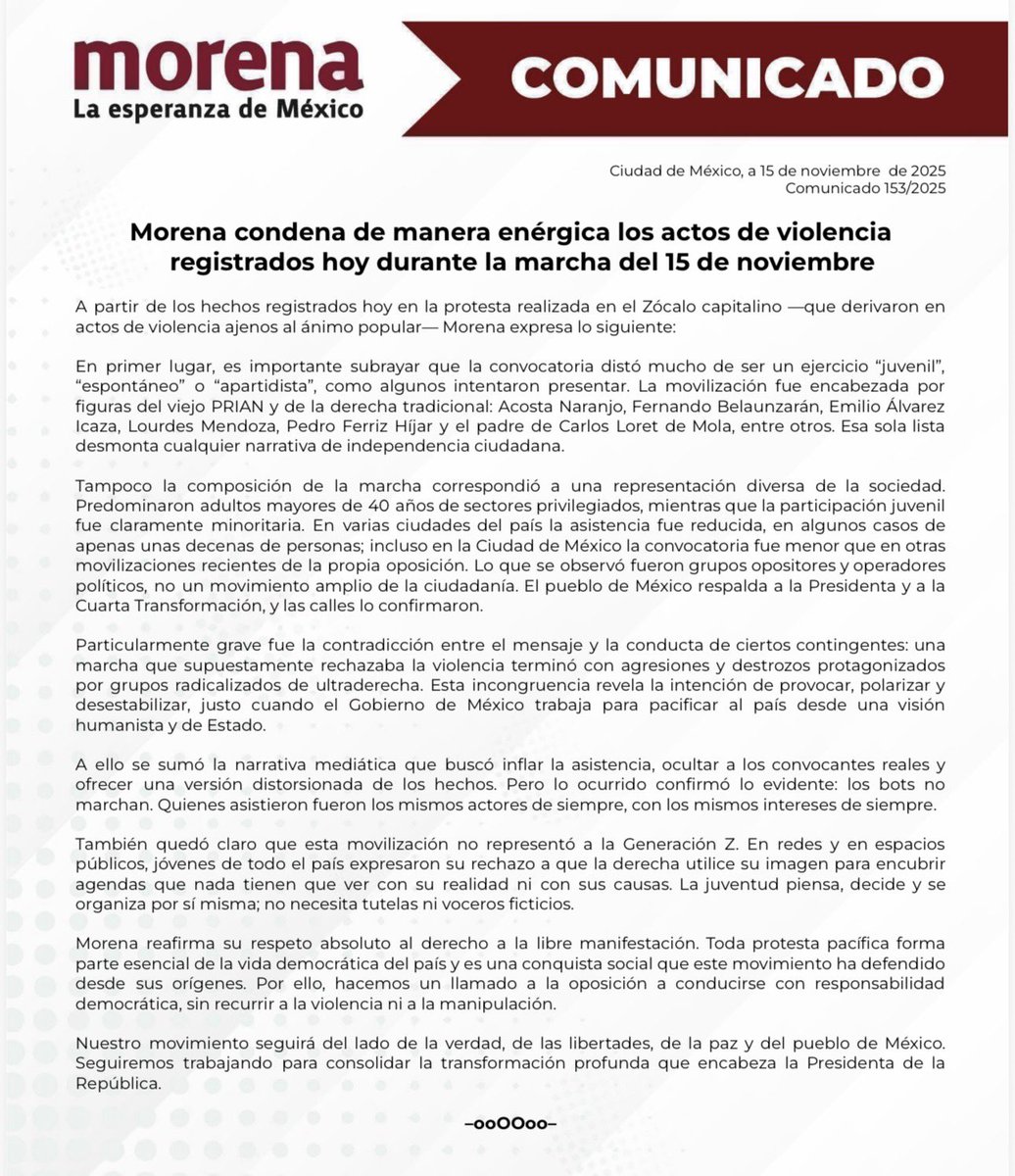 Desde nuestro movimiento reiteramos una condena firme y enérgica a los actos de violencia registrados durante la marcha del 15 de noviembre. La vida democrática del país exige respeto, responsabilidad y una conducta que privilegie siempre la paz y la verdad.