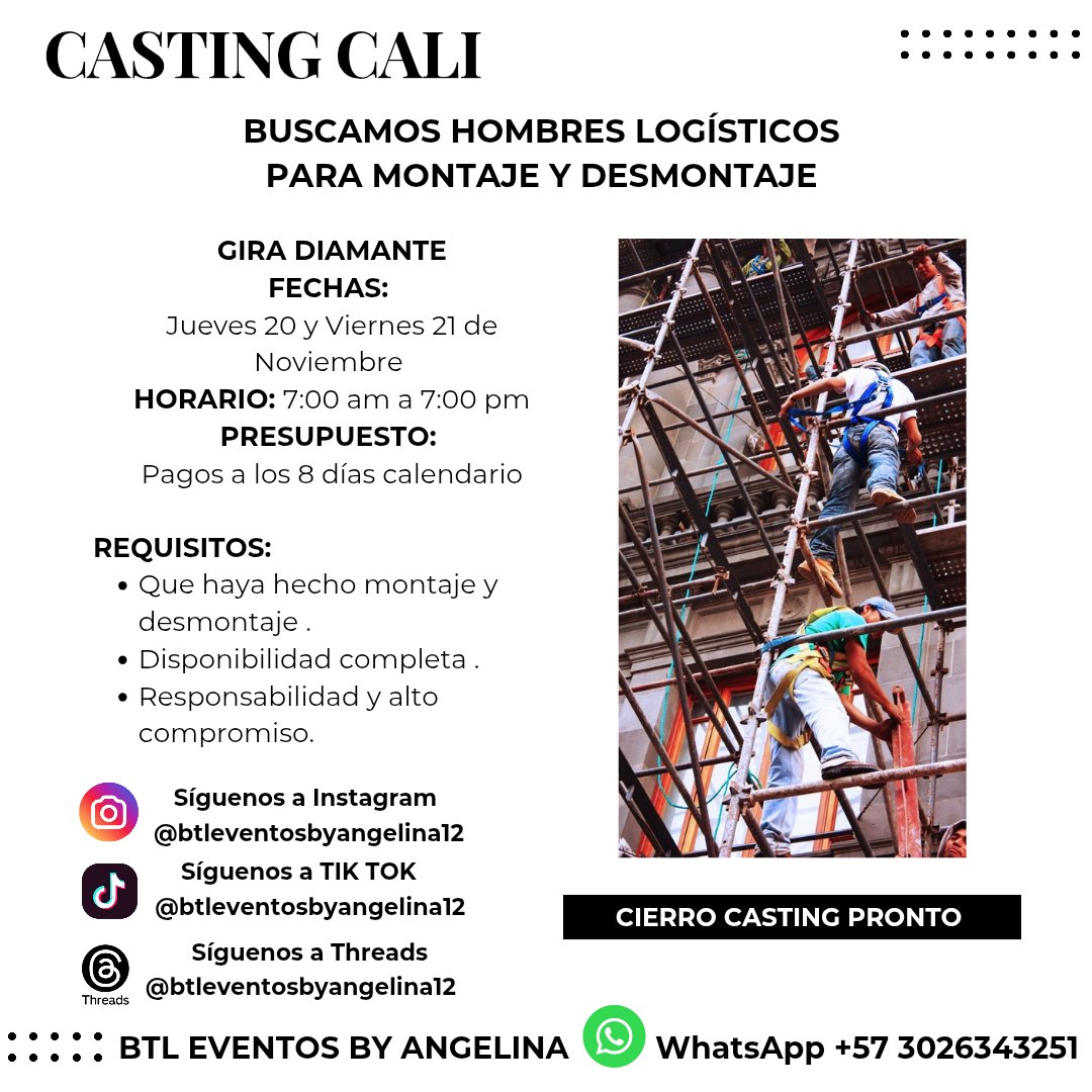 btleventoscol12's tweet image. CASTING CALI
Buscamos hombres logísticos para montaje y desmontaje por 2 días con mucha responsabilidad y experiencia.
#BTLEVENTOSBYANGELINA #logisticos #hombres #CASTING #cali