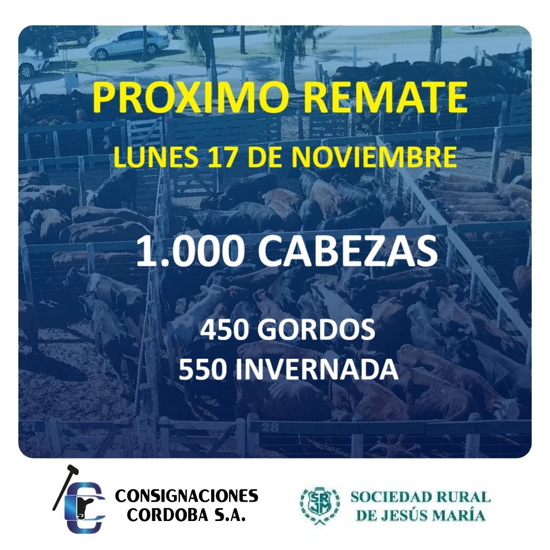 Este lunes 17 de Noviembre no te pierdas el gran #rematedehacienda <a href="/consignacba/">Consignaciones Córdoba SA</a> en @srjmcb Ingreso 1000 cabezas Predio Malabrigo. Seguilo en Facebook de Consignaciones Cordoba